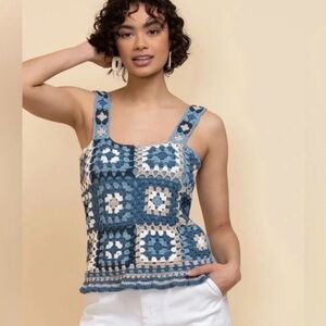 Ricki's Navy Crochet Knit Ruffled Square-Panel Boxy BohoTank Top S